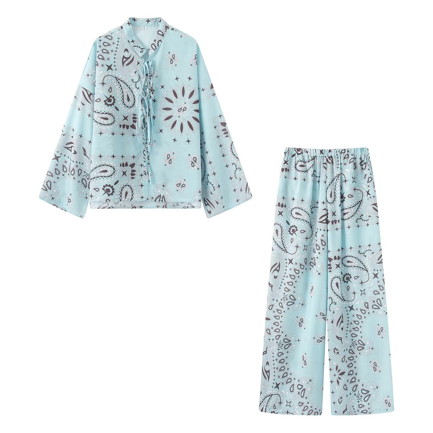 Chemise ample imprimée pour femme avec nœud papillon, style urbain estival, en polyester, manches longues, ensemble décontracté Y26058