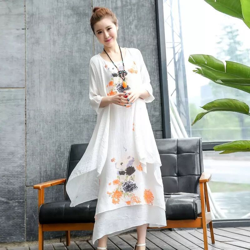 Ensemble de 2 pièces : Robe longue d'été élégante et décontractée pour femme, en coton et lin, imprimé vintage, avec cardigan.
