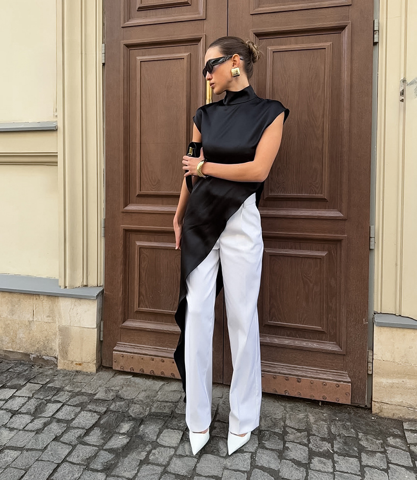 BKLD été Satin ample col roulé sans manches robe noire mode asymétrique tenue décontractée fête Clubwear vêtements pour les femmes