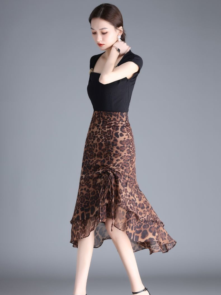 Jupes mi-longues en mousseline de soie pour femmes, taille haute, imprimé léopard, ligne A irrégulière, élégante, décontractée, Y2k, Vintage, mode coréenne V