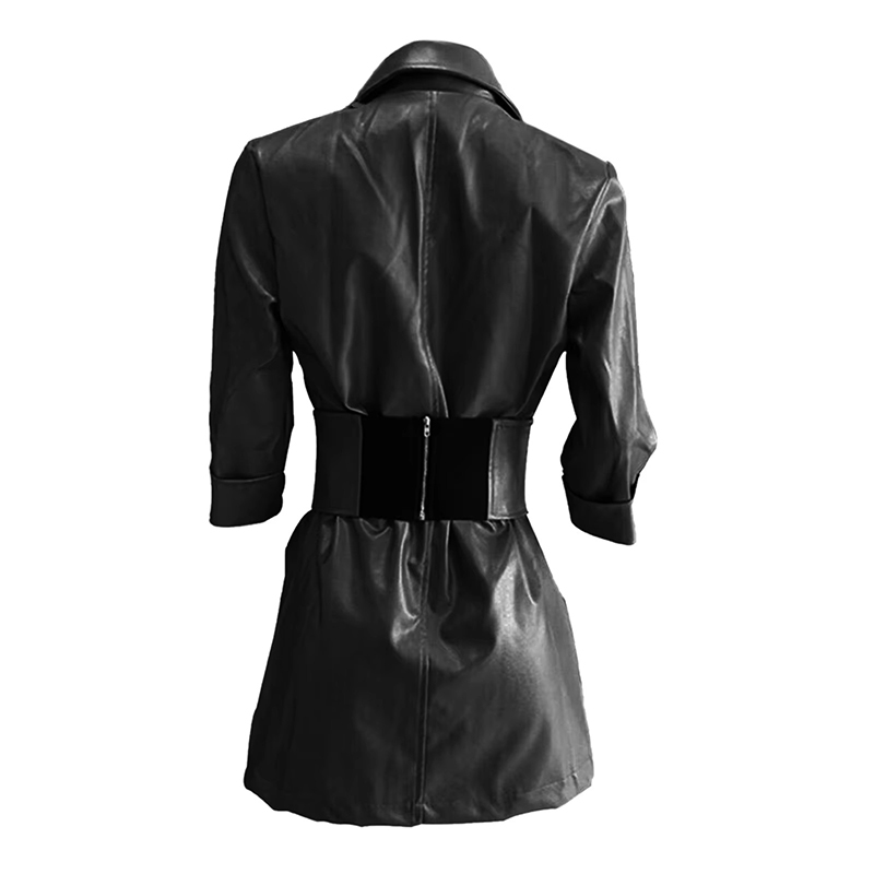 Robe en cuir PU mi-longue à col en V pour femmes avec ceinture, robes élégantes, fermeture à la taille, tendance, rabattable, sexy