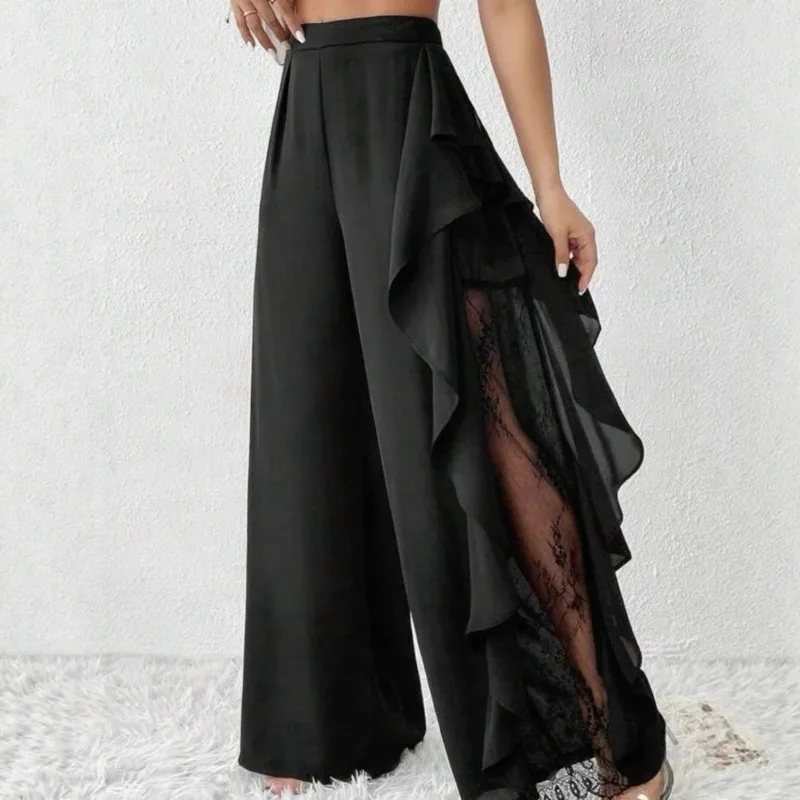 Pantalon à jambes larges pour femme, automne, volants épissés, dentelle, maille transparente, noir irrégulier, élégant, bureau, banlieue, à plusieurs niveaux