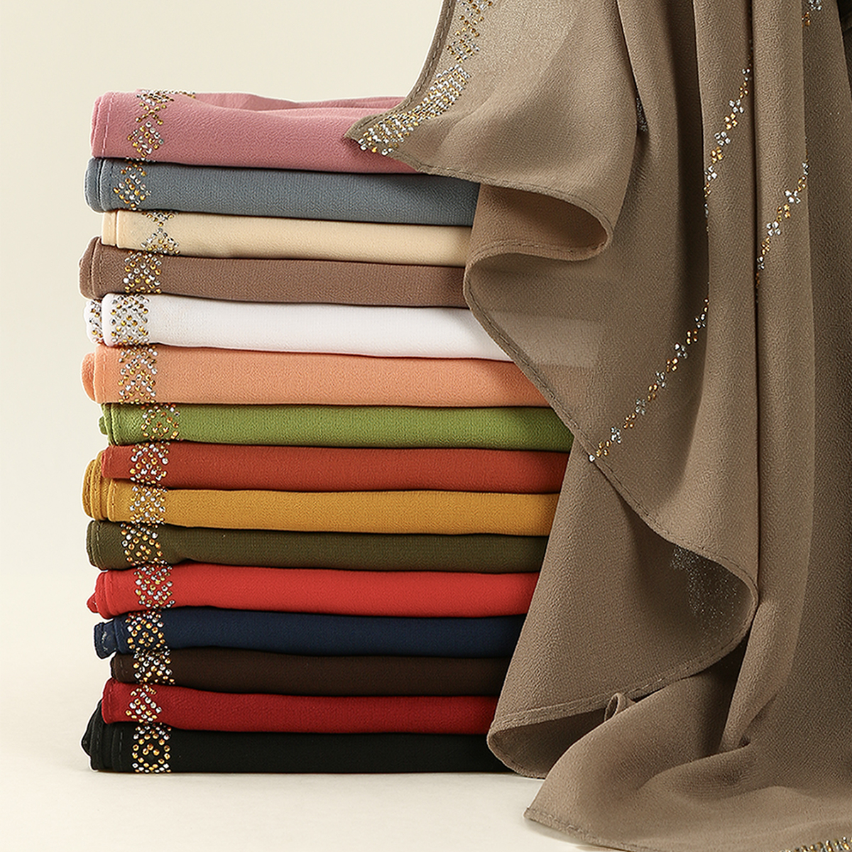 Nouveau strass mousseline de soie Hijab écharpe femmes musulman Hijab châle plaine doux bandeau mode couleur unie longue silencieux Islam Turban