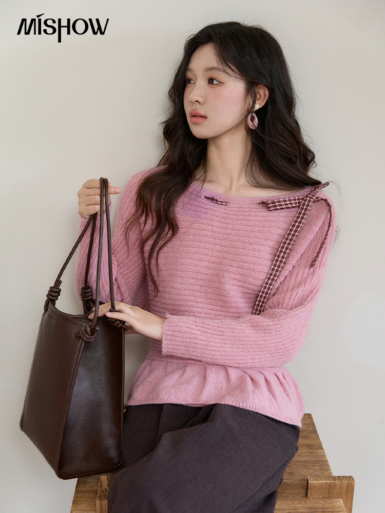Pull en maille côtelée rose pour femme MISHOW, collection Printemps 2026, avec nœud décoratif à carreaux, ourlet peplum, manches longues, coupe ajustée, décontracté, MXF11Z3016
