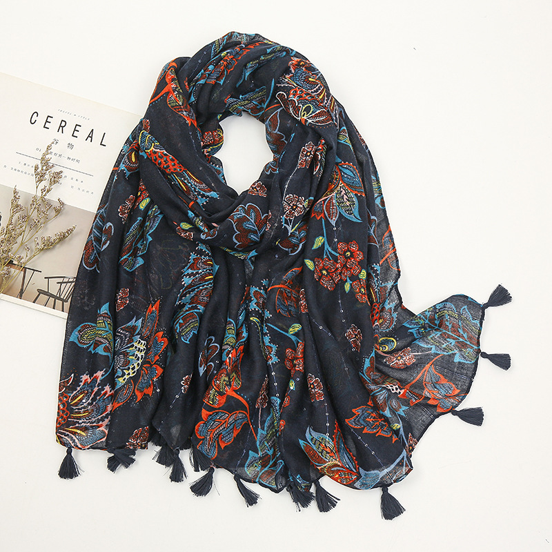 Châle en Viscose avec pompon Floral pour femme, foulard de haute qualité, foulard musulman, Hijab, collection printemps et été