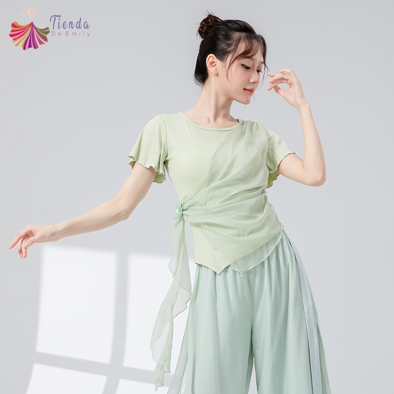 Haut de danse moderne pour femmes, T-Shirt à manches courtes épissé, gaze réglable, vêtements d'entraînement classiques, chemisier de scène fluide, T-Shirt décontracté