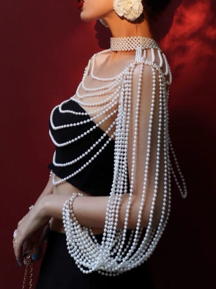 Femmes perle débardeur Sexy multijoueur perle gland à manches longues soutien-gorge chaînes Camisole colliers col Partywear culture hauts