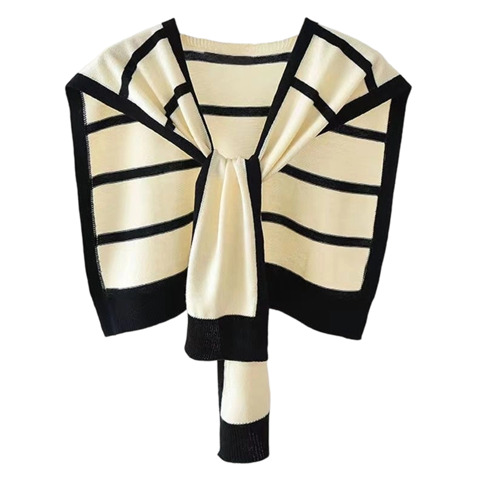 Châle en tricot rayé, tendance chic, écharpe pour femmes, motif noir et blanc élégant, vêtement d'extérieur polyvalent, accessoire élégant