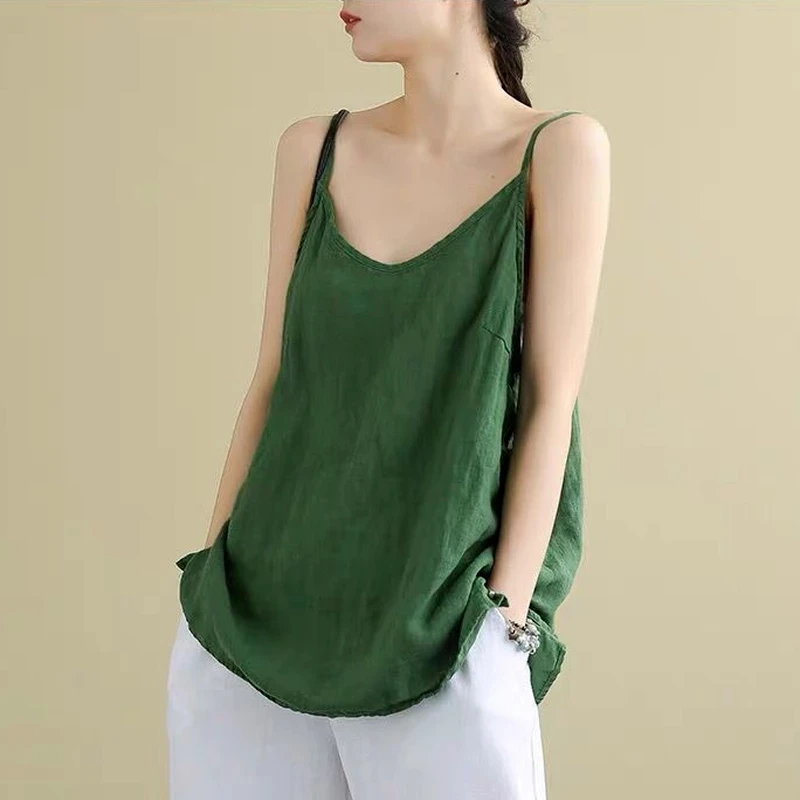 Hauts pour femmes, bretelles Spaghetti, Camis en coton et lin, col en V, Camisole d'été décontractée, sans manches, lin, débardeurs amples, 2025