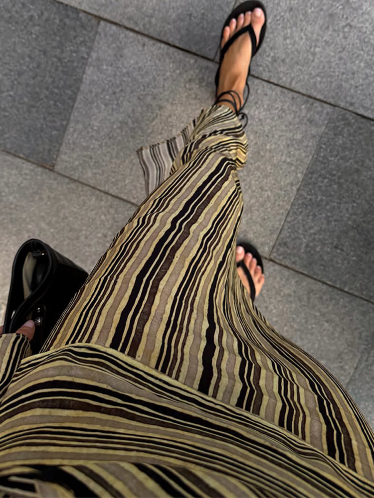 Nouvelle Robe Longue Décontractée Rayée pour Femme, Manches Longues, Col en V, Fente Latérale, Ceinture, Robes Féminines Tendance Été Automne 2026