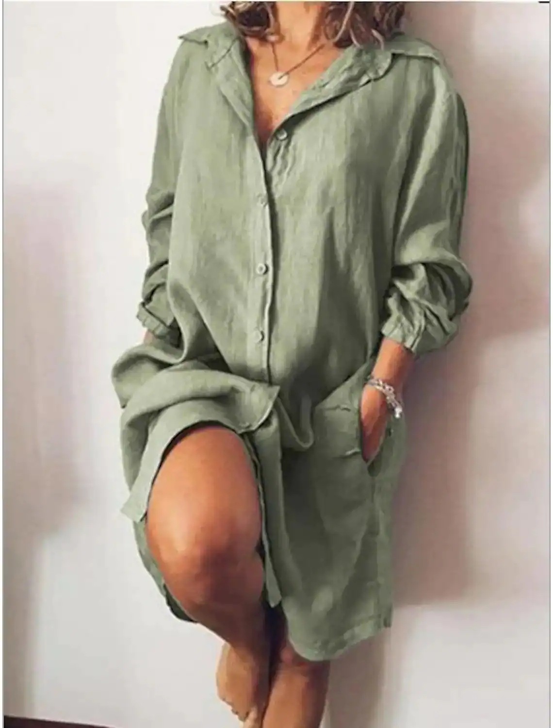 Chemisier femme 2026 décontracté automne-printemps en coton et lin à manches longues couleur unie boutonnage simple chemise longue vêtements pour femmes