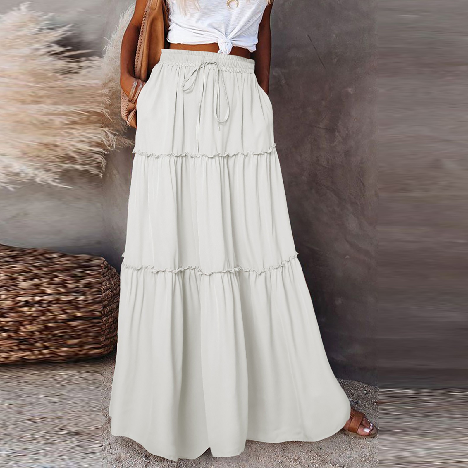 Jupe longue pour femme, couleur unie, taille élastique, coupe ample, décontractée, taille haute, polyvalente, style robe mi-longue