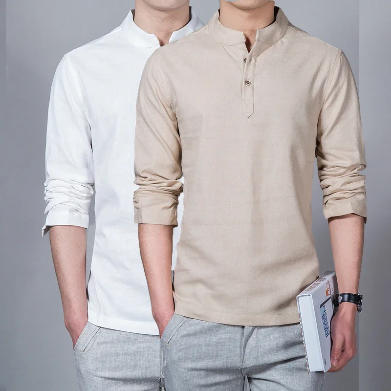 T-shirt en lin à manches longues pour hommes, col montant, chemise de base mince, t-shirts Y et t-shirts, mode masculine, vêtements de printemps