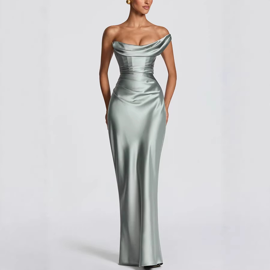 Nouvelle Robe Longue Asymétrique en Satin pour Femme, Col Bénitier, Taille Froncée, Robe Moulante, Robes d'Été Formelles pour Soirées et Cérémonies