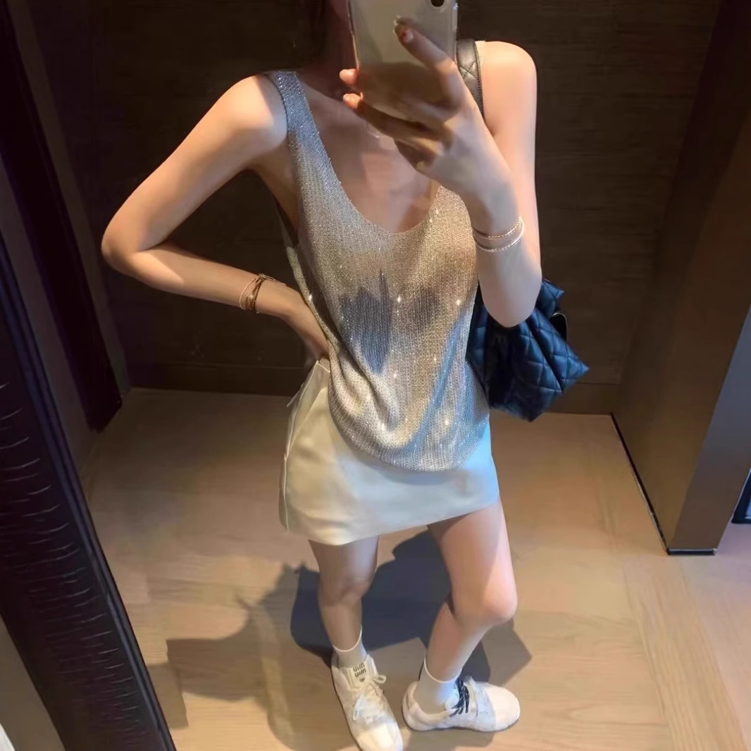 Nouveau débardeur tricoté élégant et décontracté pour femme, style urbain, coupe ajustée, à sequins, style Spice Girls, tendance