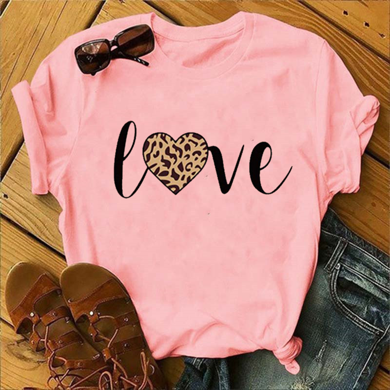 Léopard amour imprimé femmes t-shirt à manches courtes col rond lâche femmes t-shirt dames mode t-shirt hauts vêtements Camisetas Mujer