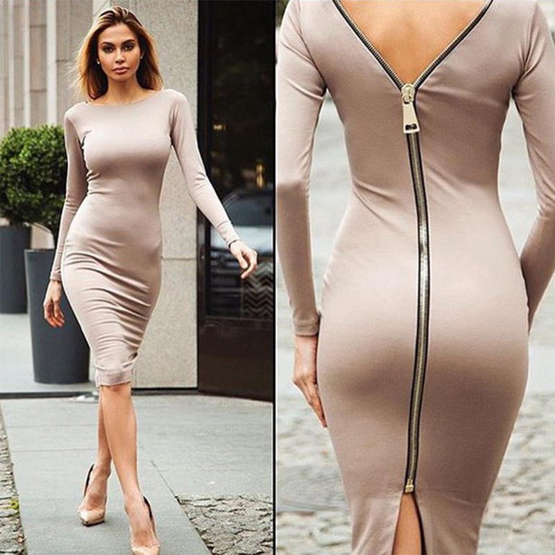 Robe moulante à manches longues et col rond pour femmes, robes de tambour de grande taille, vêtements de mode sexy, fermeture à glissière au dos, monochromatique, printemps, automne