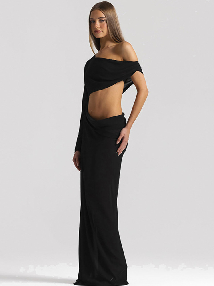 Robe longue maxi Sibybo sexy en mousseline transparente à col asymétrique pour femme, unie, ajourée, drapée, moulante, élégante pour soirée et fête