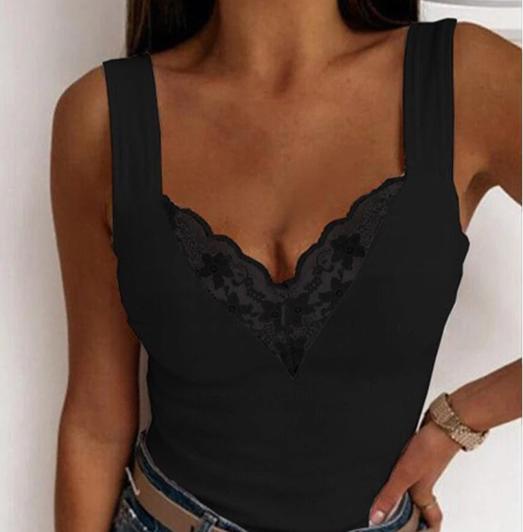 Débardeurs en dentelle sexy pour femmes, hauts à col en V, t-shirts décontractés, camisoles basiques ajourées, débardeurs transparents sans manches