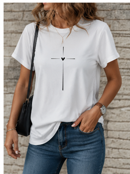 T-shirt de sport décontracté pour femmes, col rond, T-shirt simple et artistique avec motif croix et cœur, esthétique artistique
