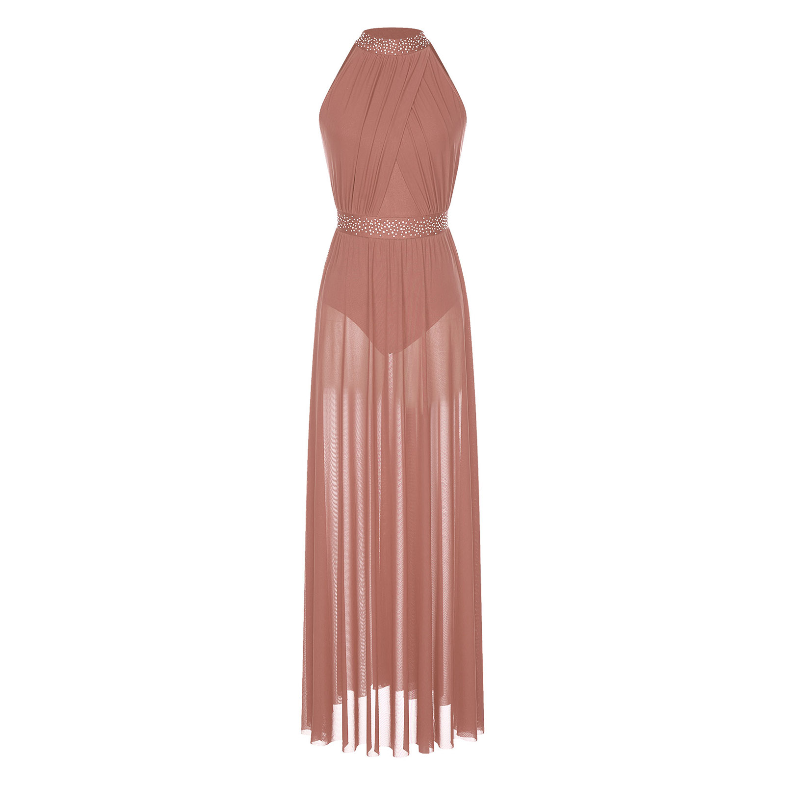 Robe de Ballet pour femmes, Costume de spectacle de danse latine lyrique, sans manches, trou de serrure au dos, strass brillants, robe Maxi en maille fendue sur le côté