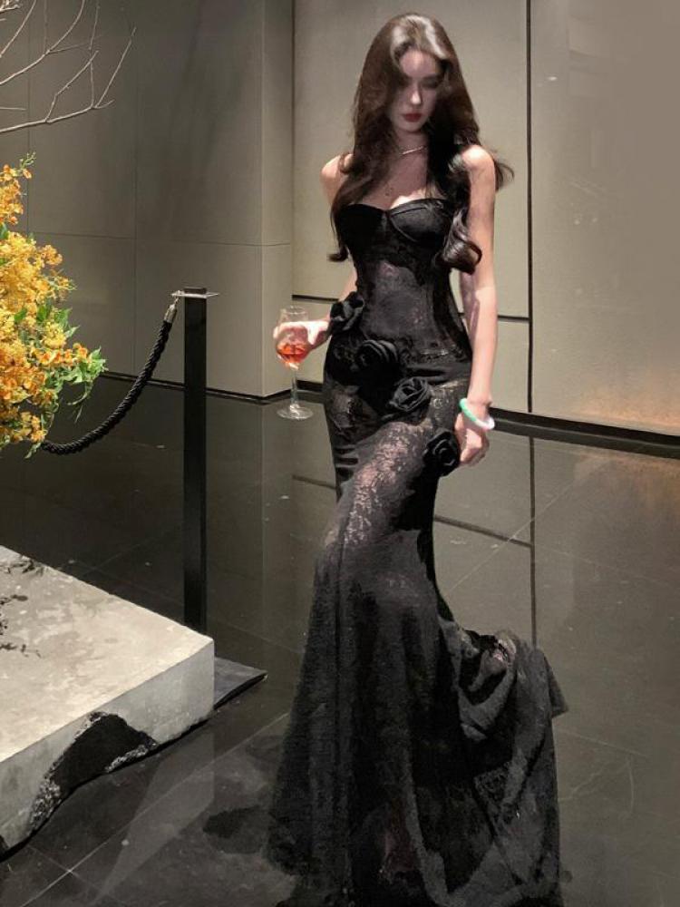 Vintage femmes noir dentelle fleur décoration Sexy Club dos nu robe sans bretelles été sans manches mince portefeuille hanche plissée longue robe