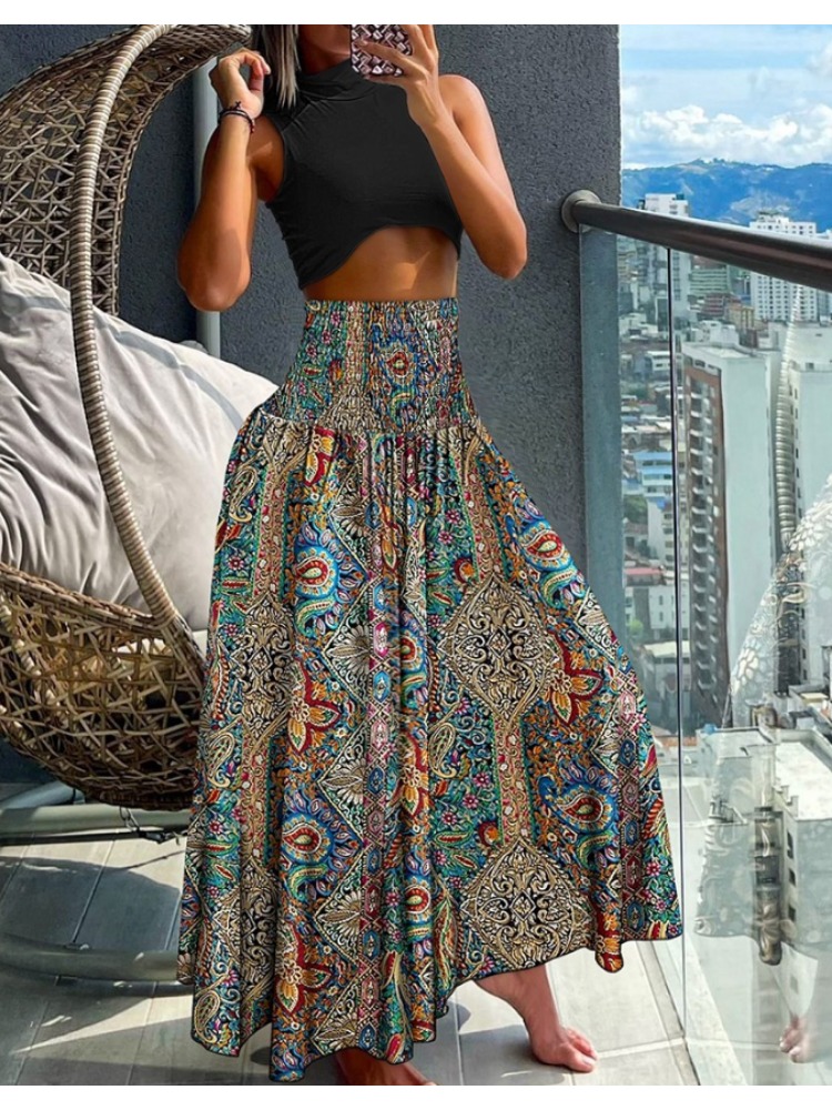 Jupe taille haute élastique bohème pour femmes, imprimé floral, plis, mode, dames, longueur au genou, longues jupes pour femmes