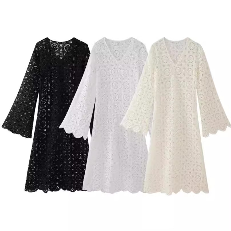 Robe à manches longues brodée en dentelle pour femmes, motif en dentelle, manches évasées, parfaite pour la plage, robe d'été décontractée E2Q1