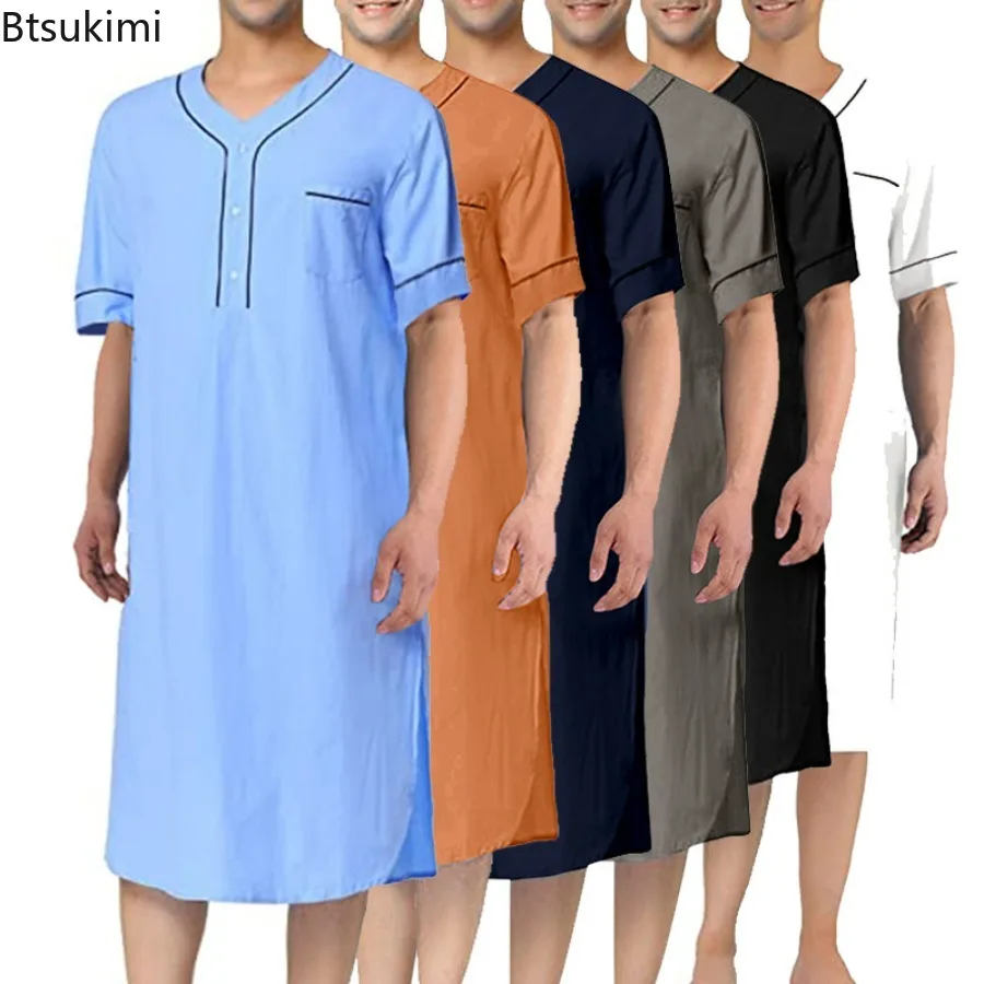 Nouveau 2026 hommes mode musulmane Robes robe à manches courtes solide coton ample col rond loisirs chemise de nuit hommes peignoirs Homewear Abaya