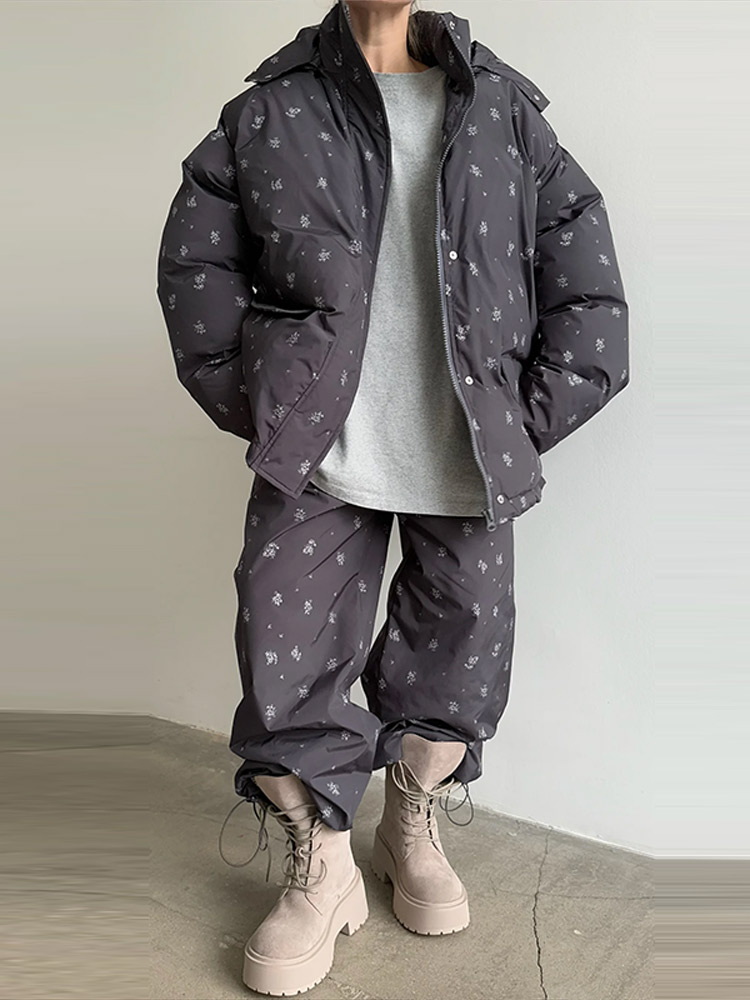 Costume 2 pièces pour femmes, veste rembourrée imprimée à capuche, ensemble pantalon, manteaux bombardier amples, taille élastique, pantalon, nouvelle tenue pour dame, nouvelle collection hiver