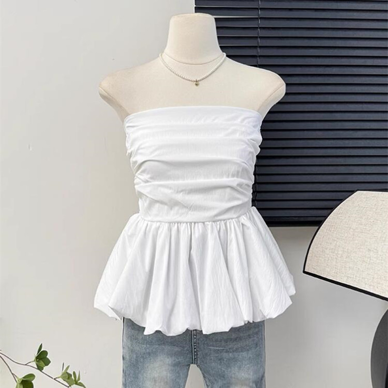 Femmes Camisole sans manches blanc noir gilet débardeurs volants dos nu culture hauts mince Sexy plissé épaules nues vêtements d'été