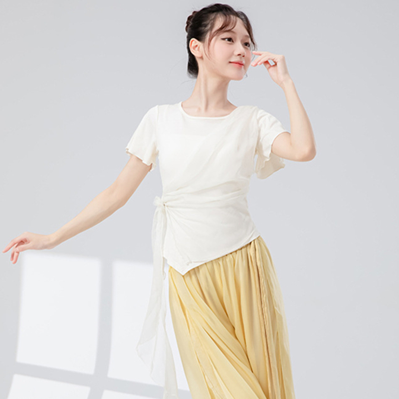 Haut de danse moderne pour femmes, T-Shirt à manches courtes épissé, gaze réglable, vêtements d'entraînement classiques, chemisier de scène fluide, T-Shirt décontracté