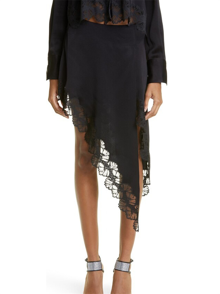 Jupe midi en satin pour femme, bordure en dentelle, ourlet asymétrique, fermeture éclair latérale, jupe élégante, streetwear