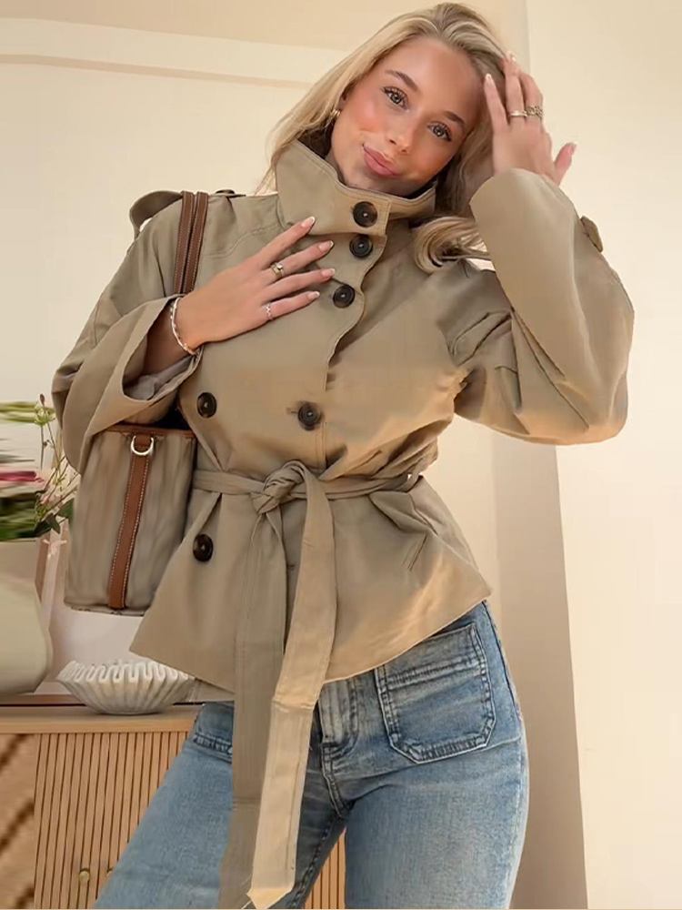 Veste décontractée à col montant pour femme, avec ceinture, élégante, à manches longues, simple boutonnage, vêtements d'extérieur, nouvelle collection automne 2025