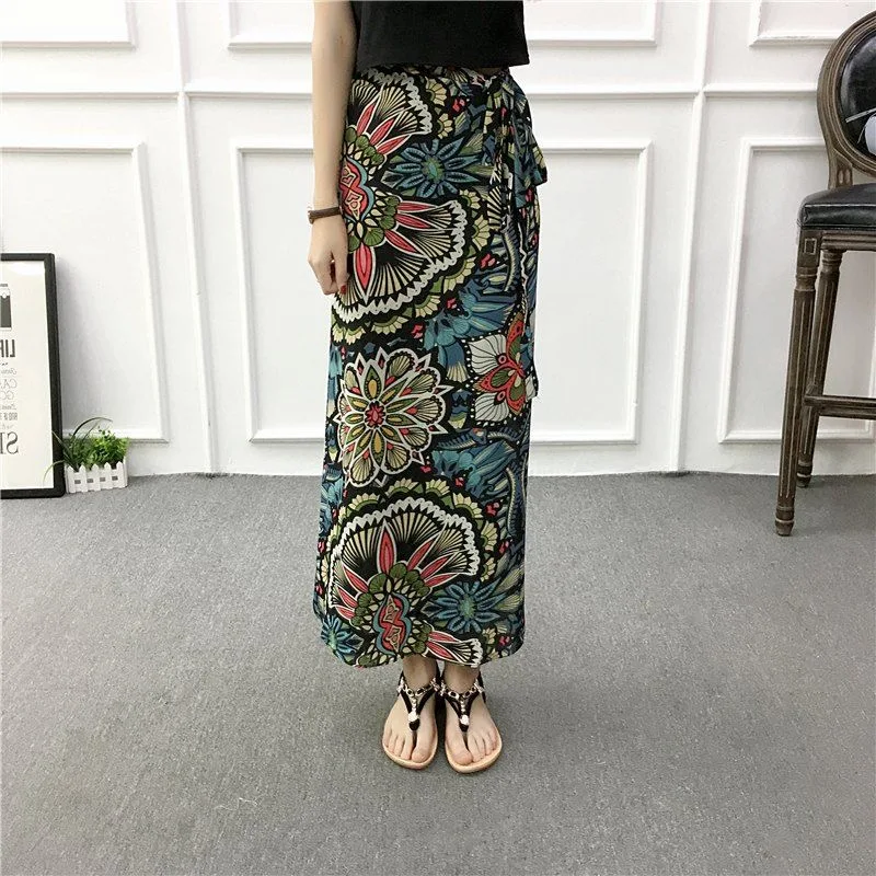 Jupe longue en mousseline de soie à imprimé floral pour femme, taille haute, avec fente, style portefeuille, à nouer sur le côté, pour la plage, été 2026