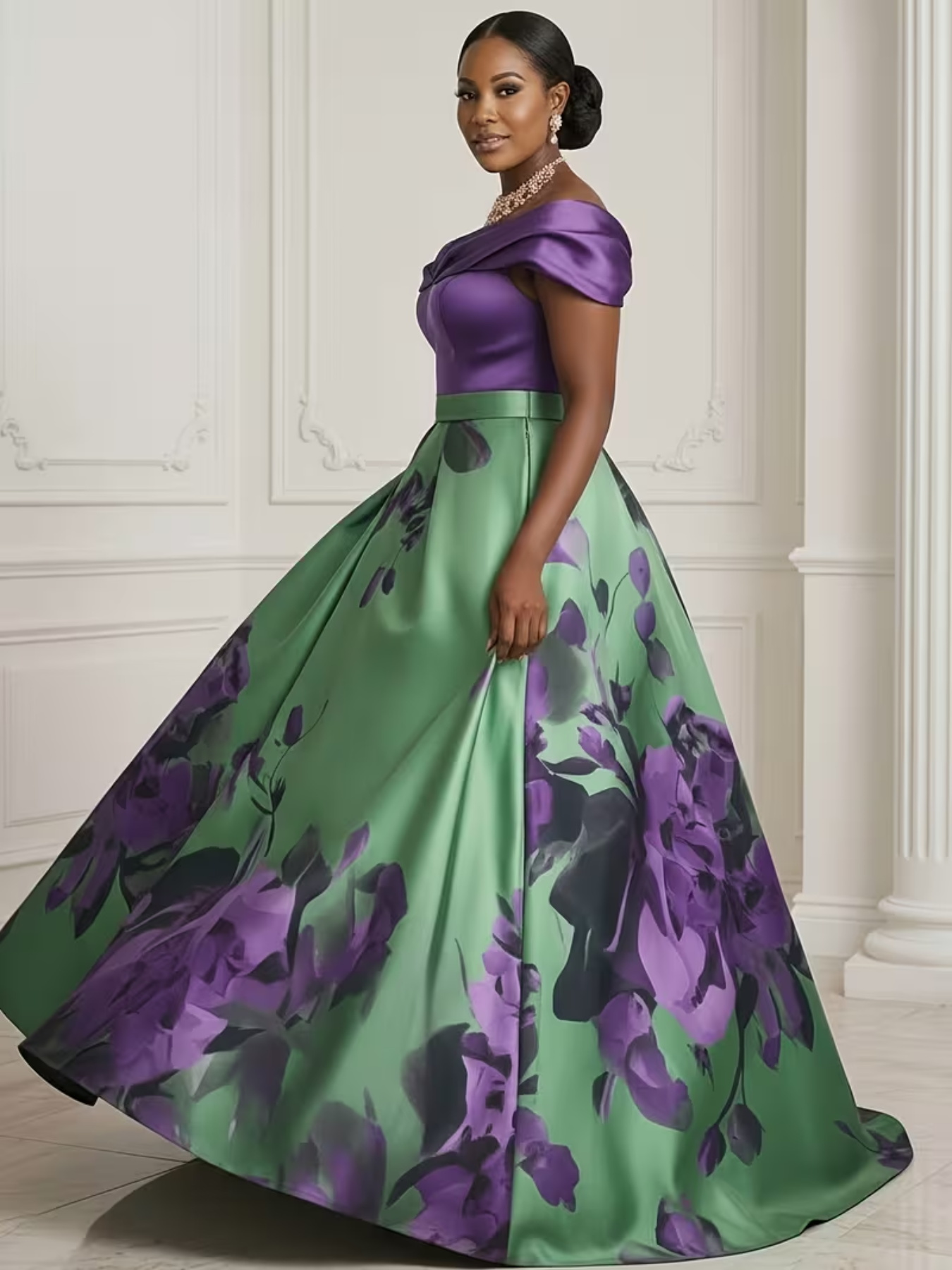Robe de soirée élégante pour femmes grandes tailles, à épaules dénudées, en satin, coupe A-line, imprimé floral, pour soirée formelle, bal de promo, mariage.