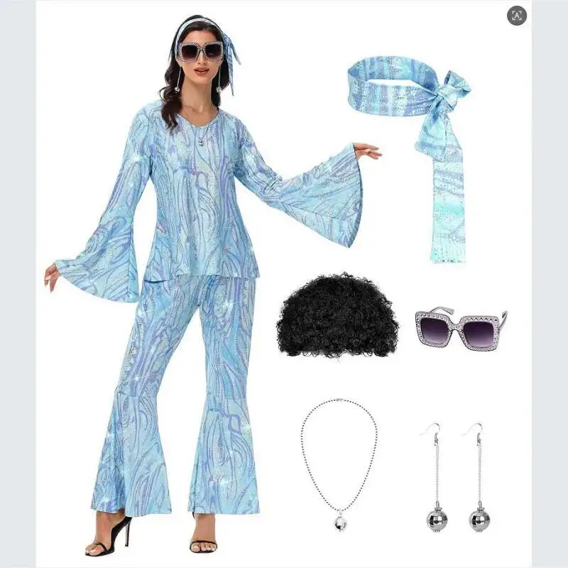 Costume de fête disco années 70 pour femme : haut, pantalon, lunettes de soleil, collier, boucles d'oreilles, perruque pour Halloween, Pâques et déguisements