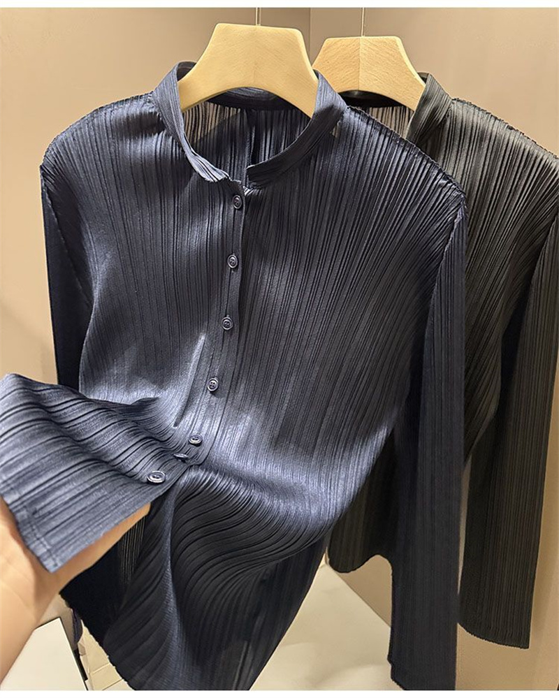 Nouvelles chemises et chemisiers mode Advanced Sense col montant Cardigan printemps plissé à manches longues simple boutonnage chemise femme
