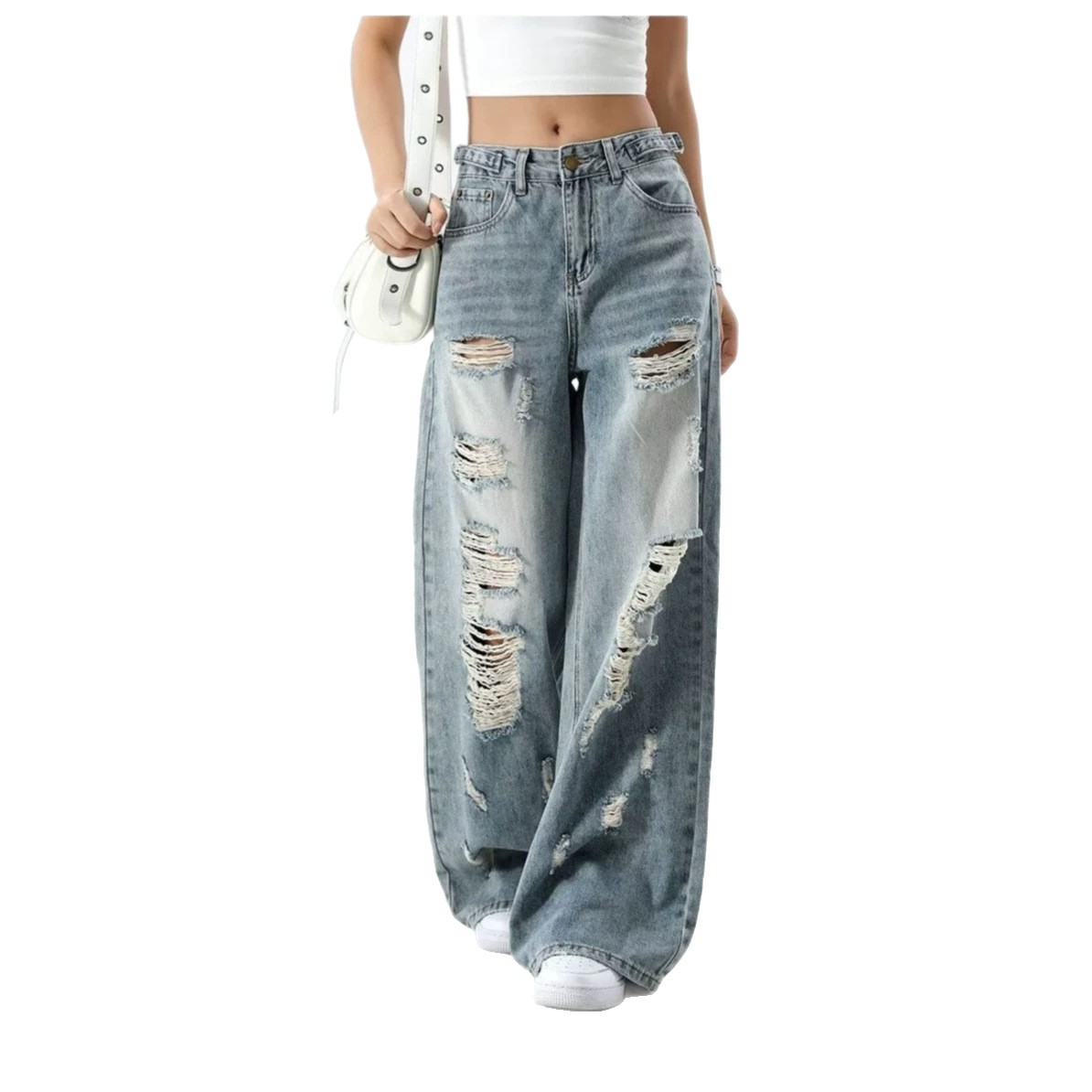Jean taille haute coupe droite pour femme, pantalon en denim ample amincissant avec déchirures, mélange coton et polyester, pantalon long