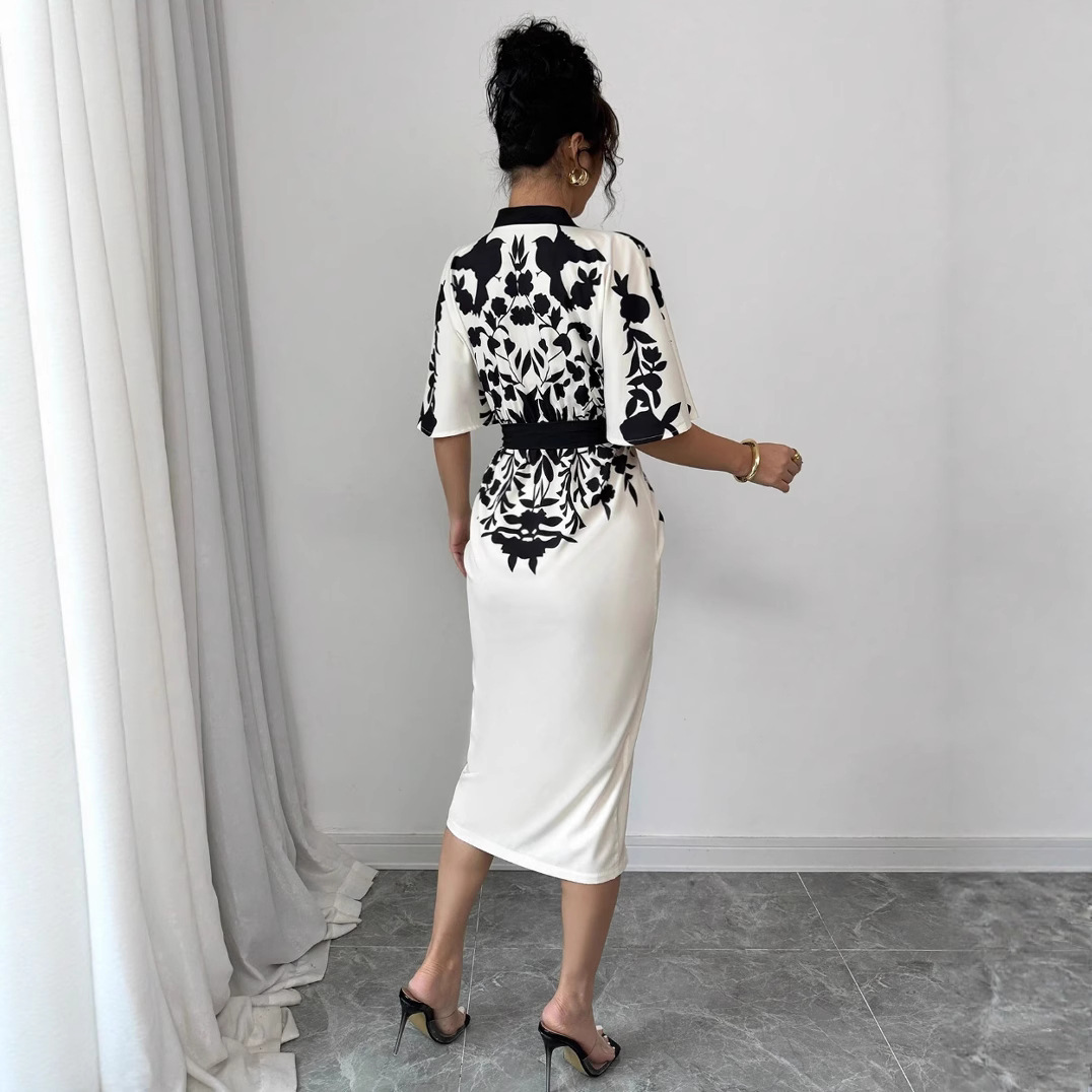 Nouvelle Robe Midi Femme 2026 Imprimée Fleurs avec Taille Nouée pour Soirée et Cérémonie, Manches Mi-Longues, Col en V, Coupe Trapèze pour le Bureau