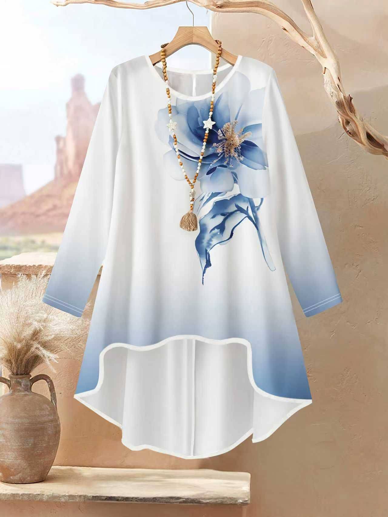 Ensemble 2 pièces pour femmes, haut ample à col rond et manches longues avec imprimé floral aquarelle et pantalon à jambes larges, adapté à un usage quotidien