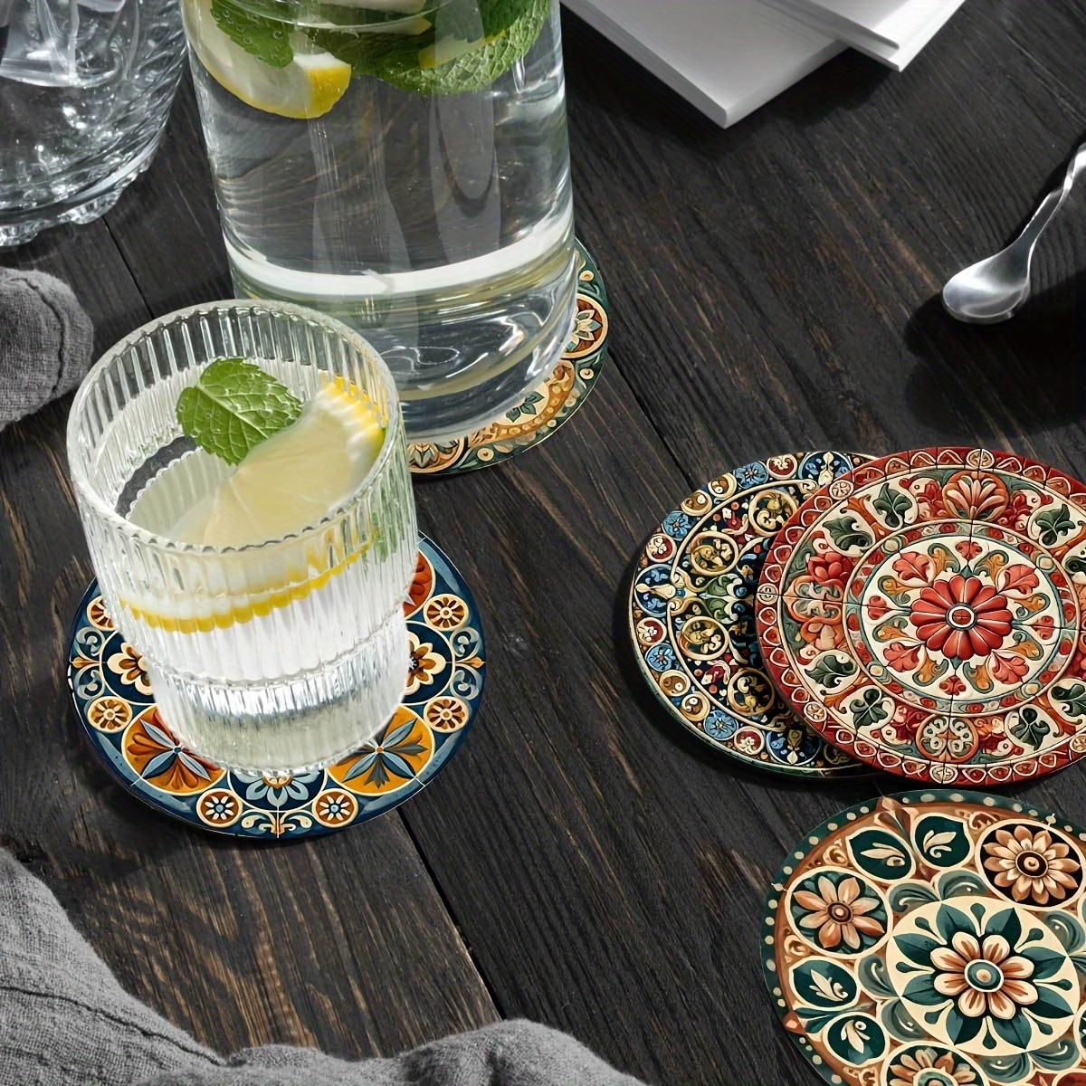 Ensemble de sous-verres en bois 2D Mandorla marocain, marqueurs artistiques circulaires pour boissons, café, thé, décoration de Table à manger pour la maison, 8 pièces
