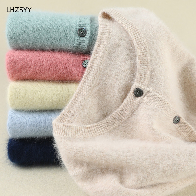 Femmes Cardigan grande taille chaud pur vison cachemire chandails col rond manteau ample femme pull dames veste solide tricot Cardigans