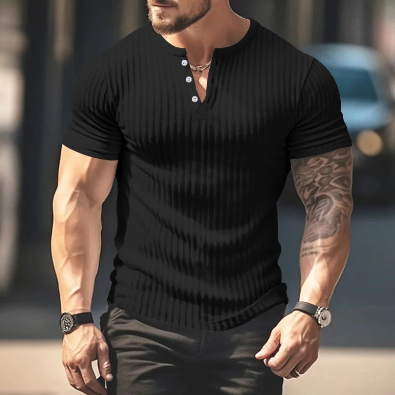 Mode Europe et états-unis couleur unie nouvel été à manches courtes commerce extérieur Henry chemise décontracté tricoté T-shirt