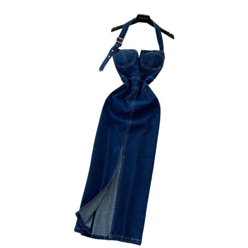 Robe longue en Denim pour femmes, Sexy, col licou, écharpe, Streetwear, portefeuille, hanche, sans manches, épissure élégante, Y2k, soirée, 2025