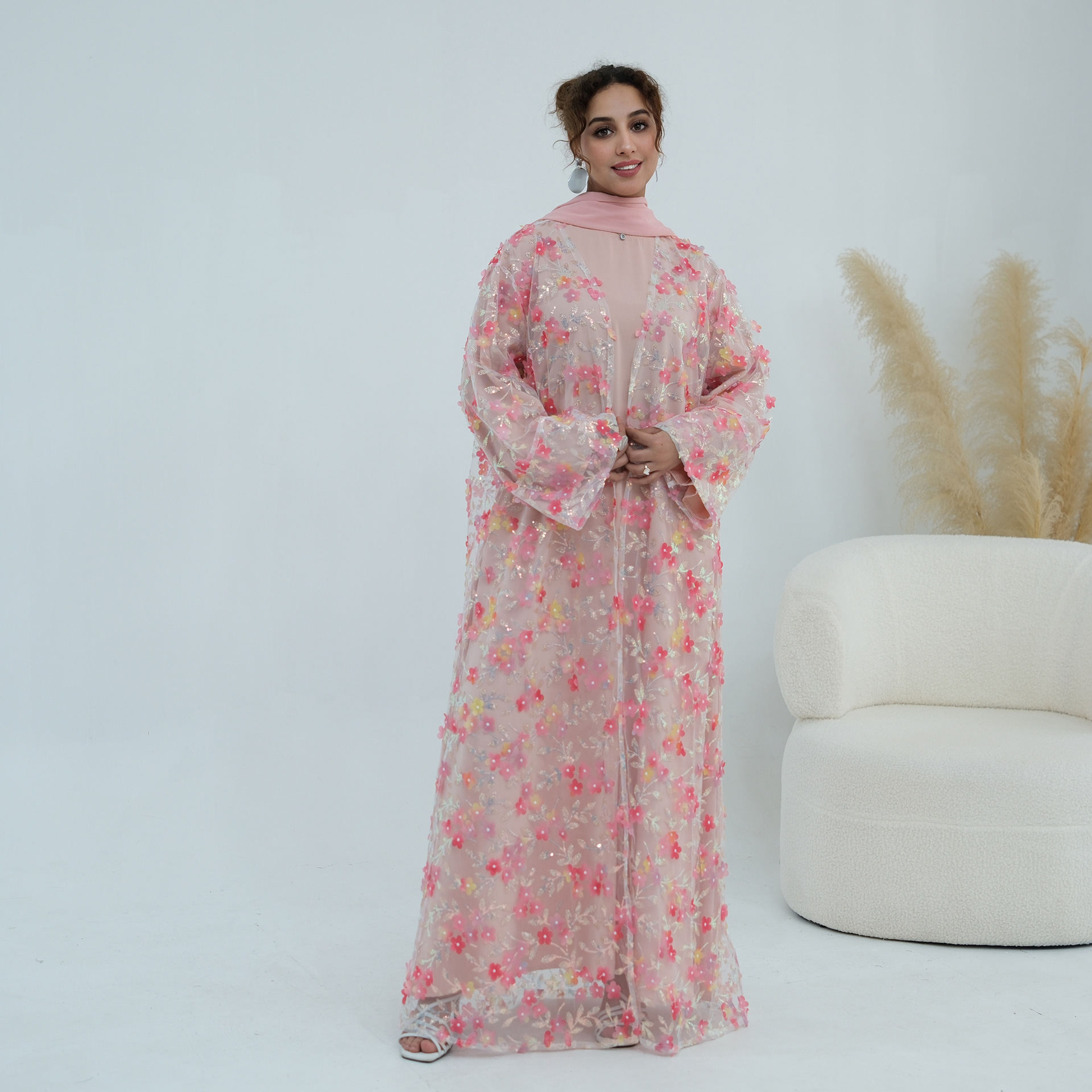 Abaya de Luxe 2026 pour l'Aïd, Ensemble 3 Pièces avec Broderie Florale 3D et Dentelle, Robe Musulmane Modeste pour Femme avec Sous-Robe et Hijab