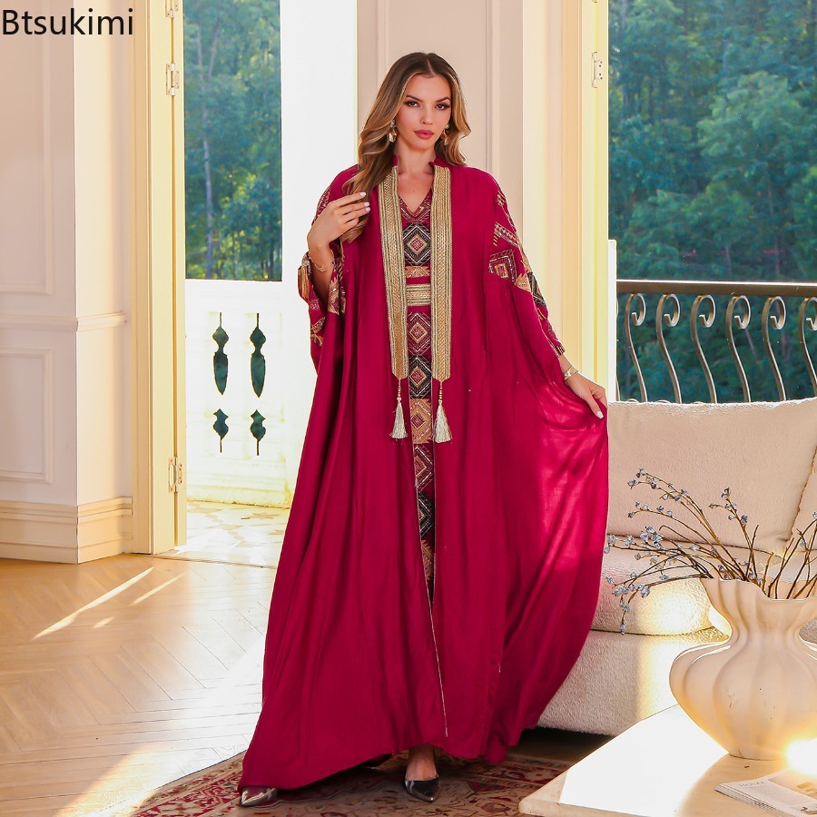 Ensembles 2 Pièces Musulmans pour Femme, Robes de Soirée Brodées, Ensembles Abaya Ouverte, Jalabiya, Kaftan de Dubaï, Robe de Fête, Cardigan pour l'Aïd et le Ramadan