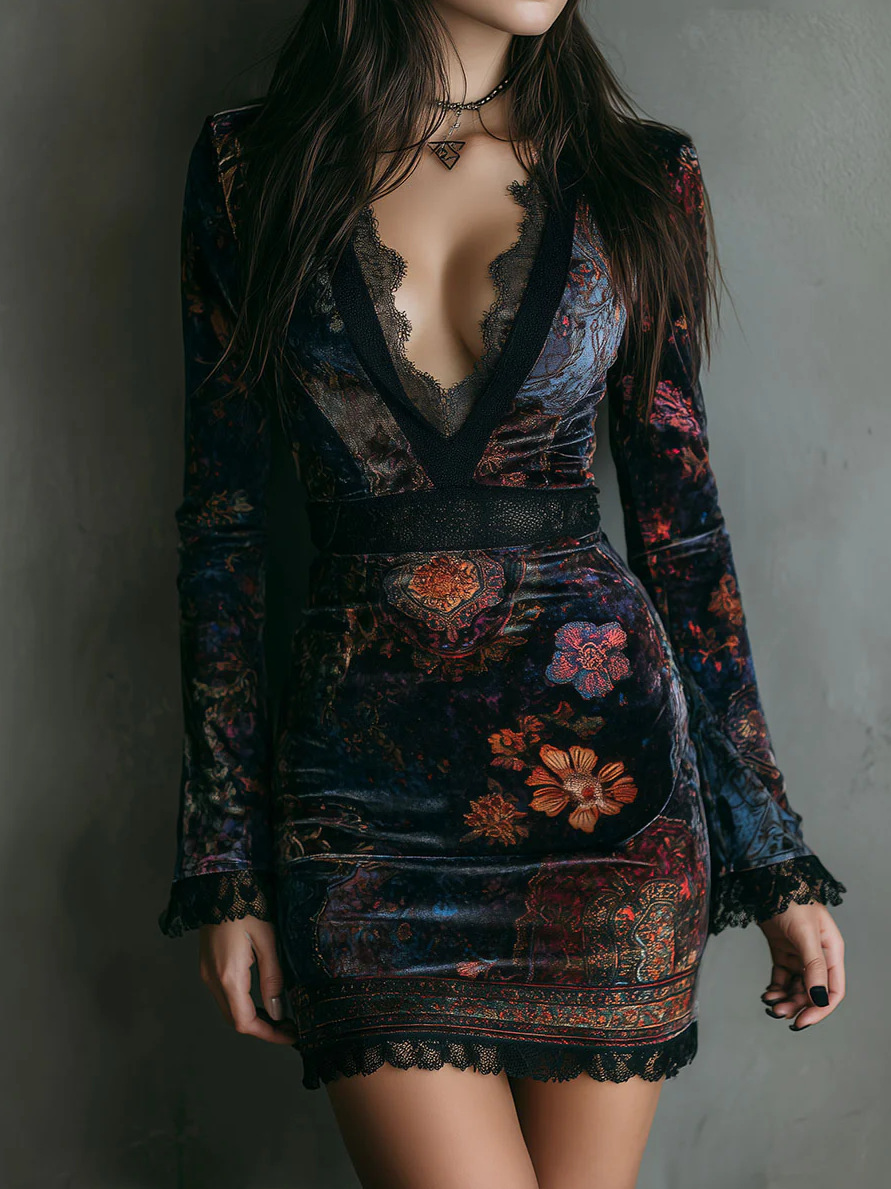 Velours Flroal imprimé dentelle Patchwork mince Mini robe à manches longues Sexy col en v gothique rétro femmes automne Vintage robe 2025