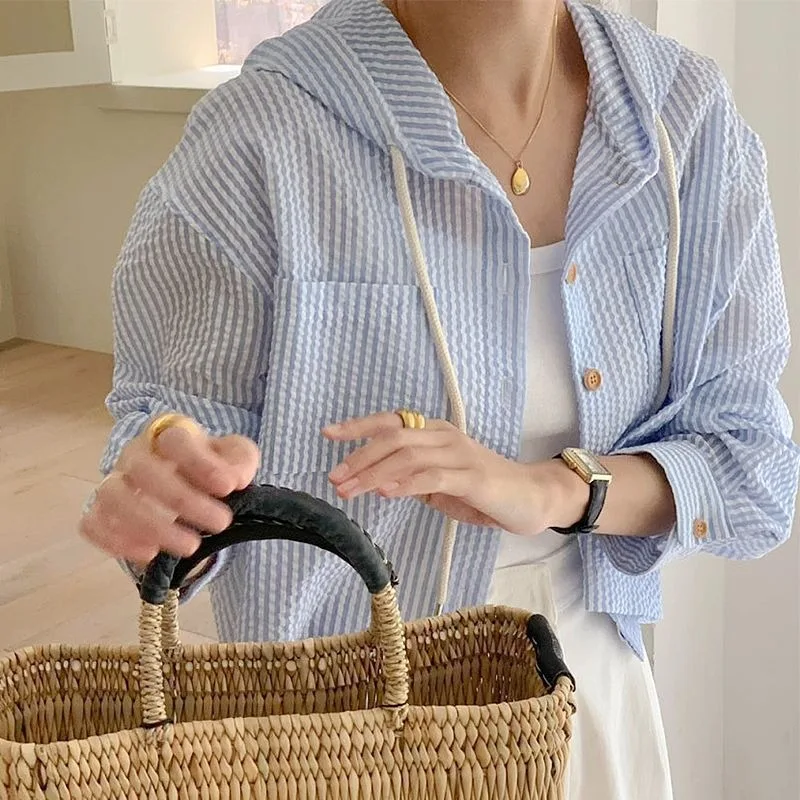 Chemise amincissante d'été pour femmes, pare-soleil ample à rayures courtes, Cardigan ouvert climatisé à capuche, nouveau modèle de Protection thermique