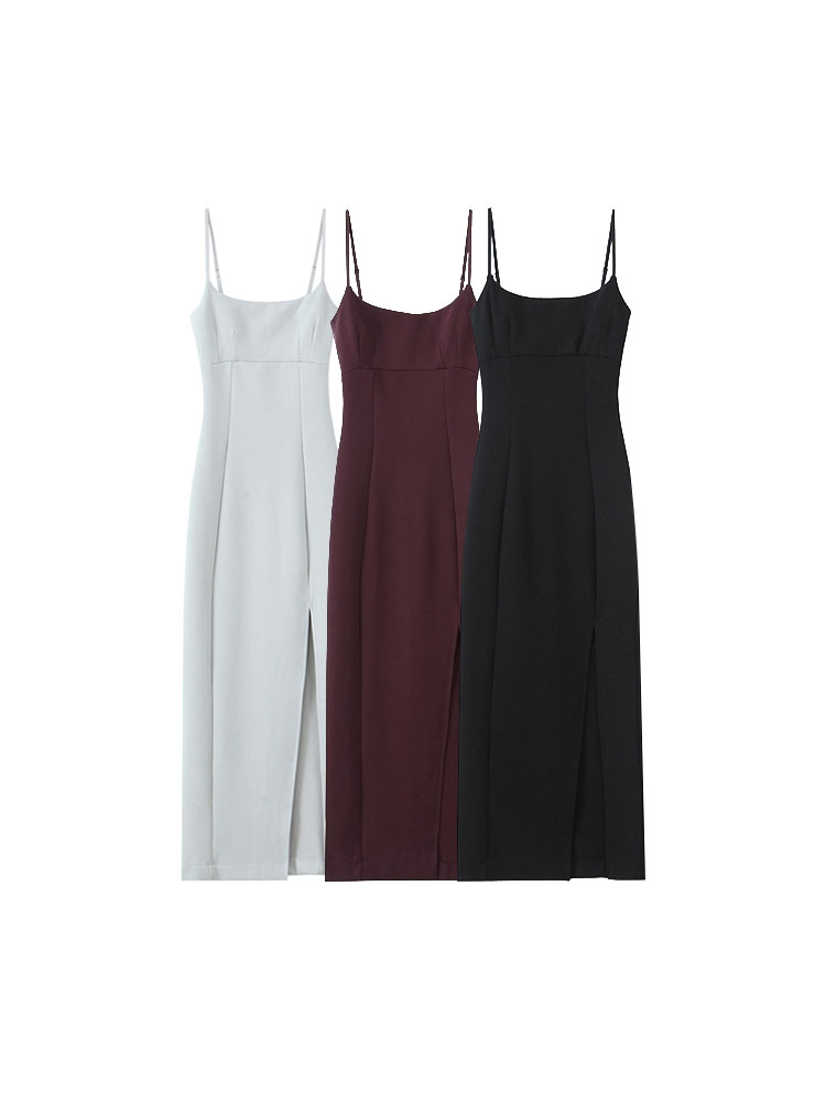 Femmes mode avant Vent doux à bretelles robe mi-longue col droit fines bretelles robes féminines robes Mujer